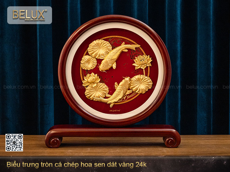 Biểu Trưng Tròn Cá Chép Hoa Sen Dát Vàng 24k